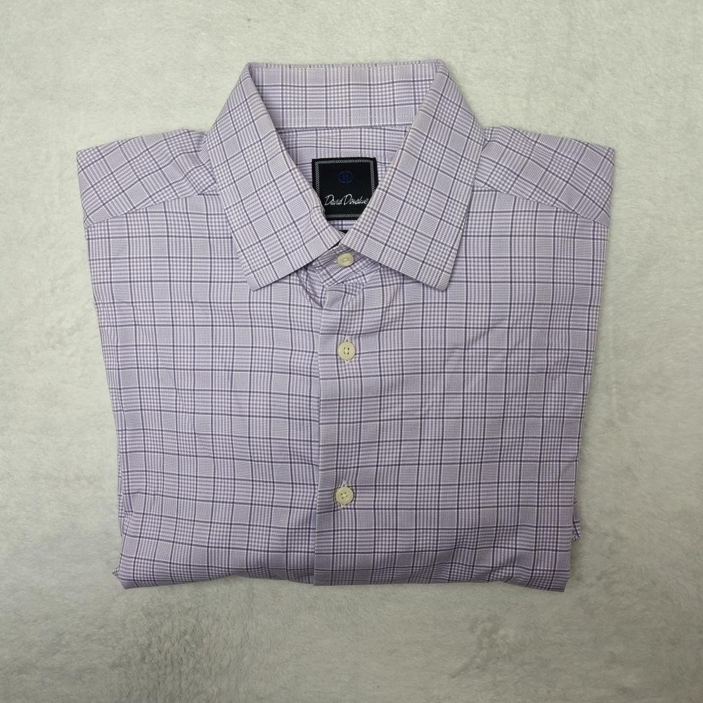 David Donahue Shirt Mens 16 34/35 Purple Check Slim Spread Collar Long Sleeve